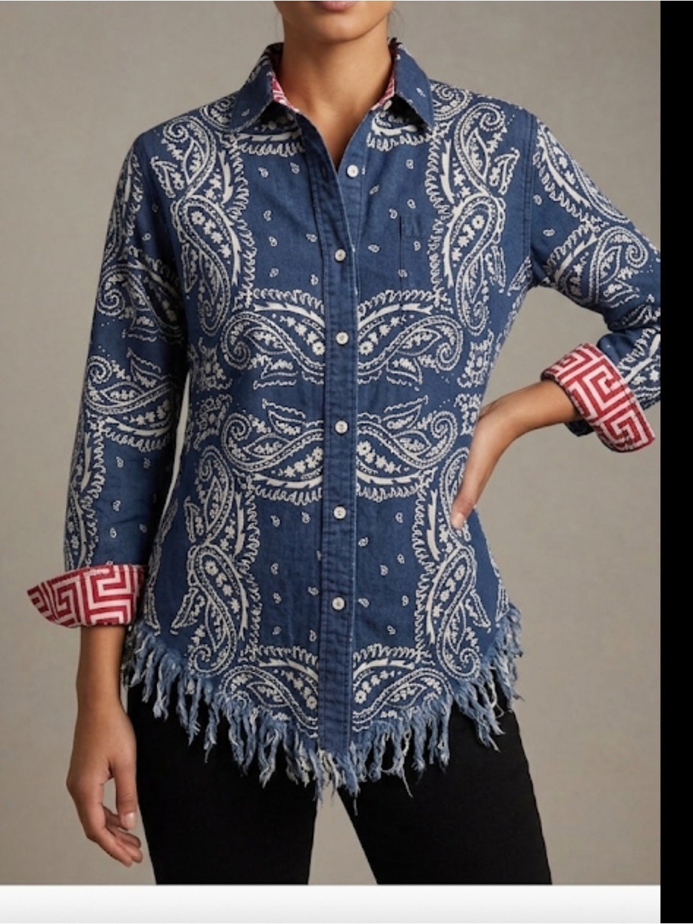 Tizzie Oversized Navy Paisley Fringe Hem Shirt Boho Linen Cotton Blend